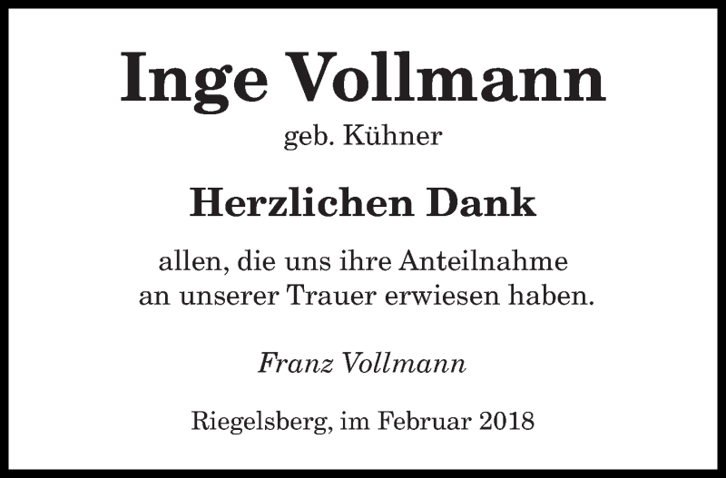  Traueranzeige für Inge Vollmann vom 03.03.2018 aus saarbruecker_zeitung