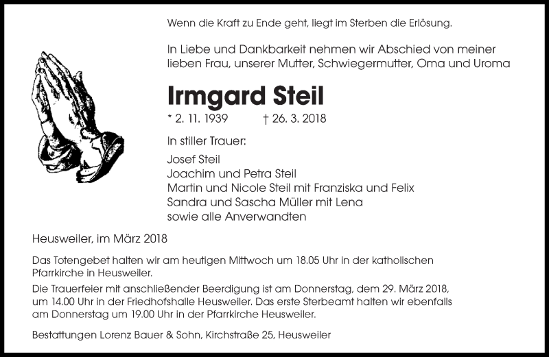 Traueranzeige für Irmgard Steil vom 28.03.2018 aus saarbruecker_zeitung