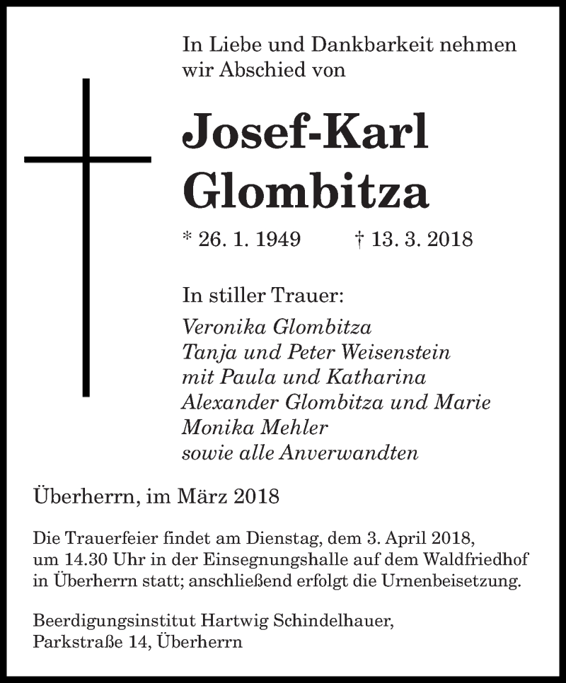  Traueranzeige für Josef-Karl Glombitza vom 28.03.2018 aus saarbruecker_zeitung