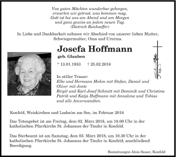 Traueranzeige von Josefa Hoffmann von saarbruecker_zeitung