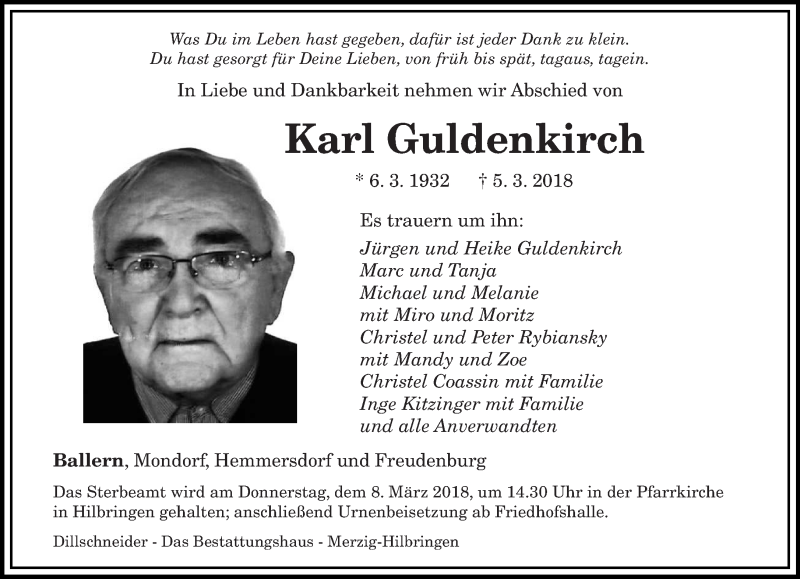  Traueranzeige für Karl Guldenkirch vom 07.03.2018 aus saarbruecker_zeitung