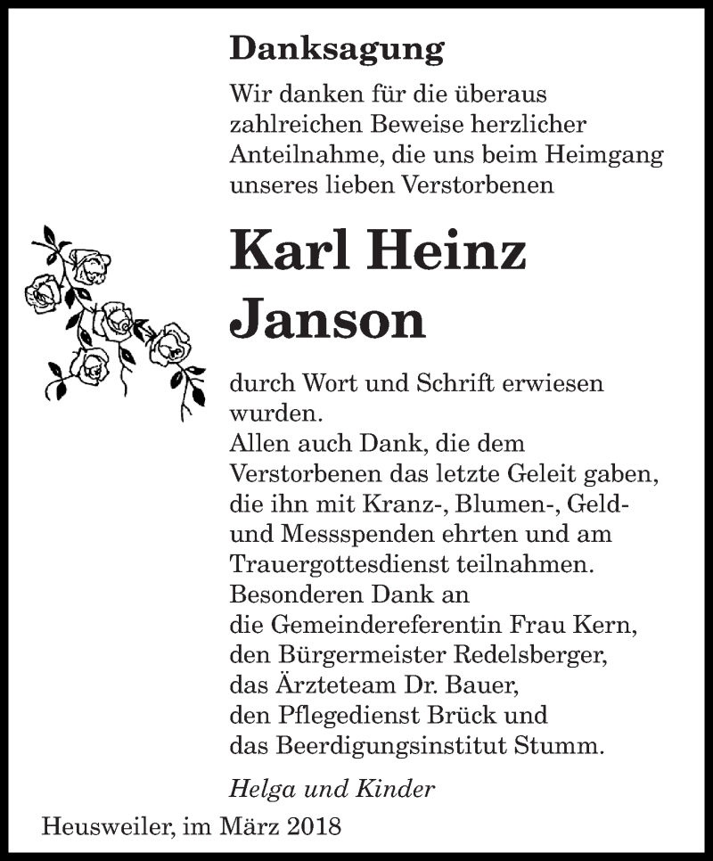  Traueranzeige für Karl Heinz Janson vom 31.03.2018 aus saarbruecker_zeitung