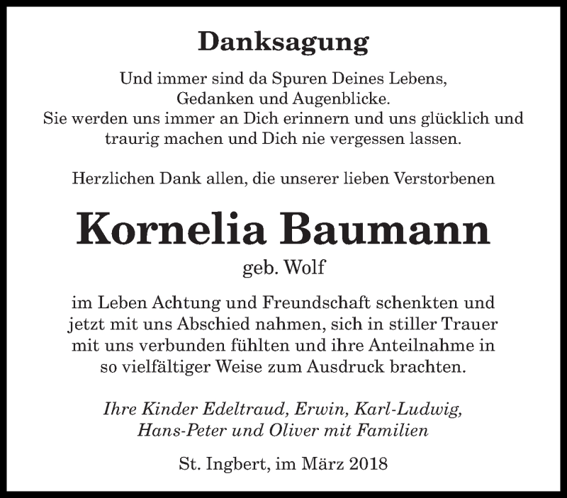  Traueranzeige für Kornelia Baumann vom 03.03.2018 aus saarbruecker_zeitung