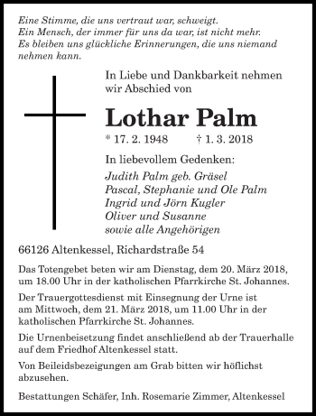 Traueranzeige von Lothar Palm von saarbruecker_zeitung