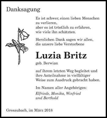 Traueranzeige von Luzia Britz von saarbruecker_zeitung