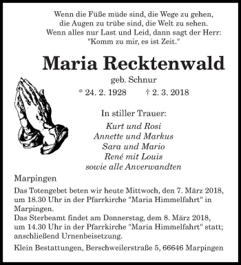Traueranzeige von Maria Recktenwald von saarbruecker_zeitung