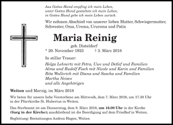 Traueranzeige von Maria Reinig von saarbruecker_zeitung