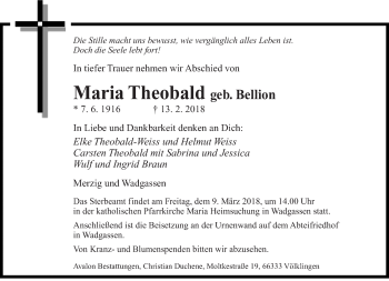 Traueranzeige von Maria Theobald von saarbruecker_zeitung