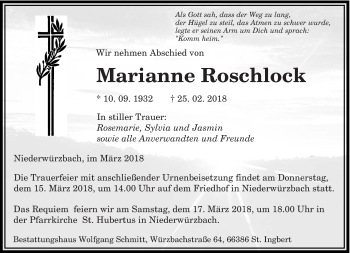 Traueranzeige von Marianne Roschlock von saarbruecker_zeitung