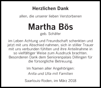 Traueranzeige von Martha Bös von saarbruecker_zeitung