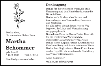 Traueranzeige von Martha Schommer von saarbruecker_zeitung