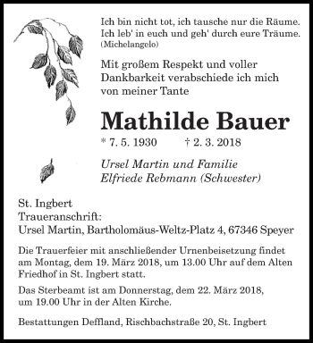 Traueranzeige von Mathilde Bauer von saarbruecker_zeitung
