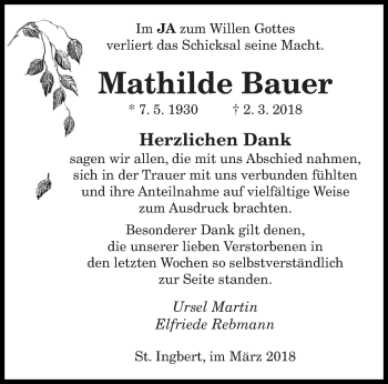 Traueranzeige von Mathilde Bauer von saarbruecker_zeitung