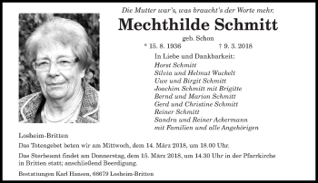 Traueranzeige von Mechthilde Schmitt von saarbruecker_zeitung