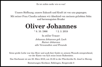 Traueranzeige von Oliver Johannes von saarbruecker_zeitung