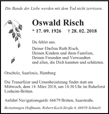 Traueranzeige von Oswald Risch von saarbruecker_zeitung