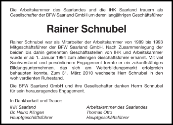 Traueranzeige von Rainer Schnubel von saarbruecker_zeitung