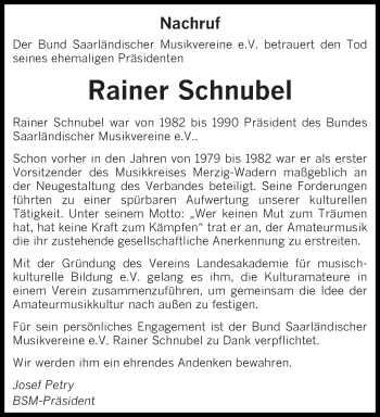 Traueranzeige von Rainer Schnubel von saarbruecker_zeitung