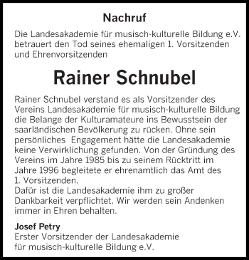 Traueranzeige von Rainer Schnubel von saarbruecker_zeitung