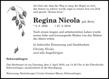 Traueranzeige von Regina Nicola von saarbruecker_zeitung