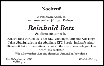 Traueranzeige von Reinhold Betz von saarbruecker_zeitung