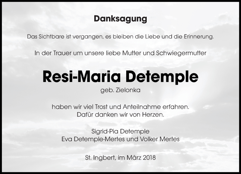  Traueranzeige für Resi-Maria Detemple vom 17.03.2018 aus saarbruecker_zeitung