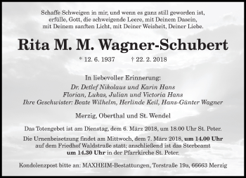 Traueranzeige von Rita Wagner-Schubert von saarbruecker_zeitung