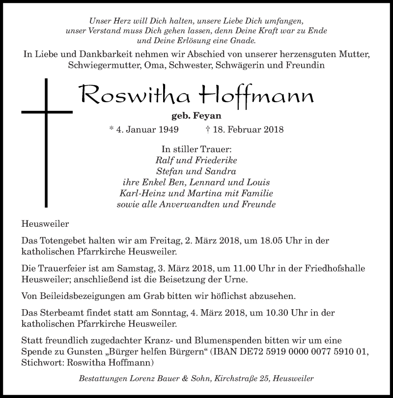  Traueranzeige für Roswitha Hoffmann vom 28.02.2018 aus saarbruecker_zeitung