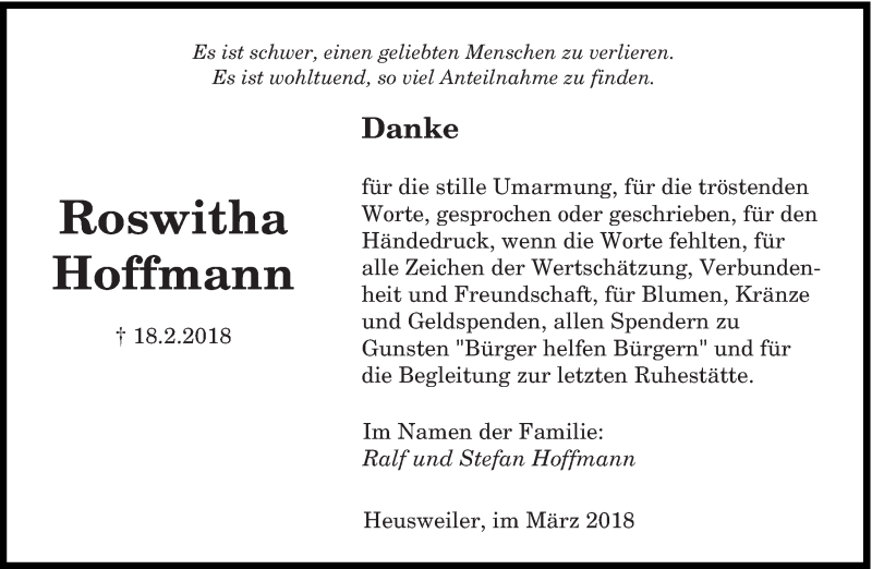  Traueranzeige für Roswitha Hoffmann vom 10.03.2018 aus saarbruecker_zeitung