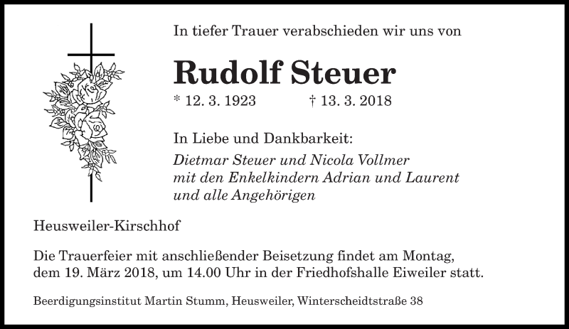  Traueranzeige für Rudolf Steuer vom 17.03.2018 aus saarbruecker_zeitung