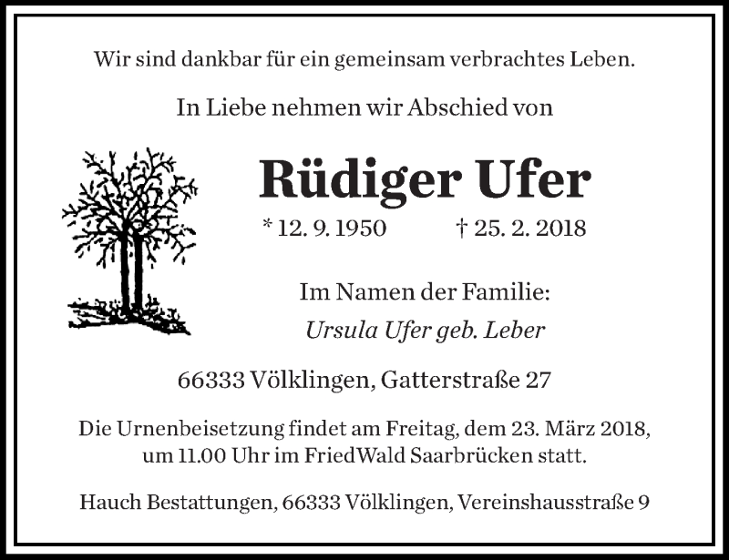  Traueranzeige für Rüdiger Ufer vom 17.03.2018 aus saarbruecker_zeitung