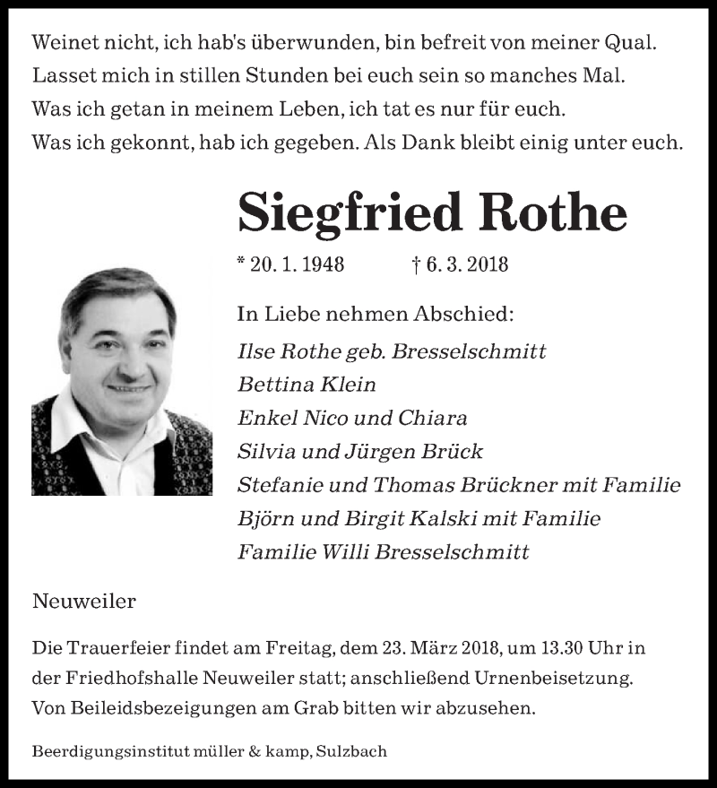  Traueranzeige für Siegfried Rothe vom 17.03.2018 aus saarbruecker_zeitung
