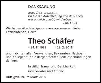 Traueranzeige von Theo Schäfer von saarbruecker_zeitung