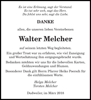 Traueranzeige von Walter Melcher von saarbruecker_zeitung