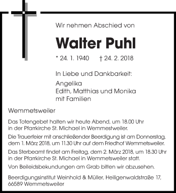 Traueranzeige von Walter Puhl von saarbruecker_zeitung