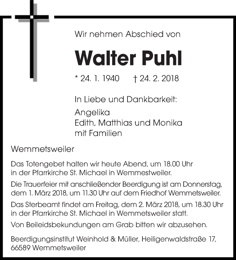  Traueranzeige für Walter Puhl vom 28.02.2018 aus saarbruecker_zeitung