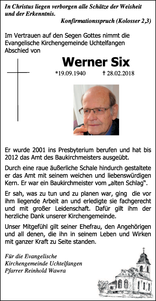  Traueranzeige für Werner Six vom 10.03.2018 aus saarbruecker_zeitung