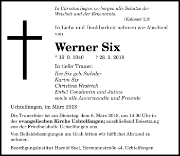 Traueranzeige von Werner Six von saarbruecker_zeitung