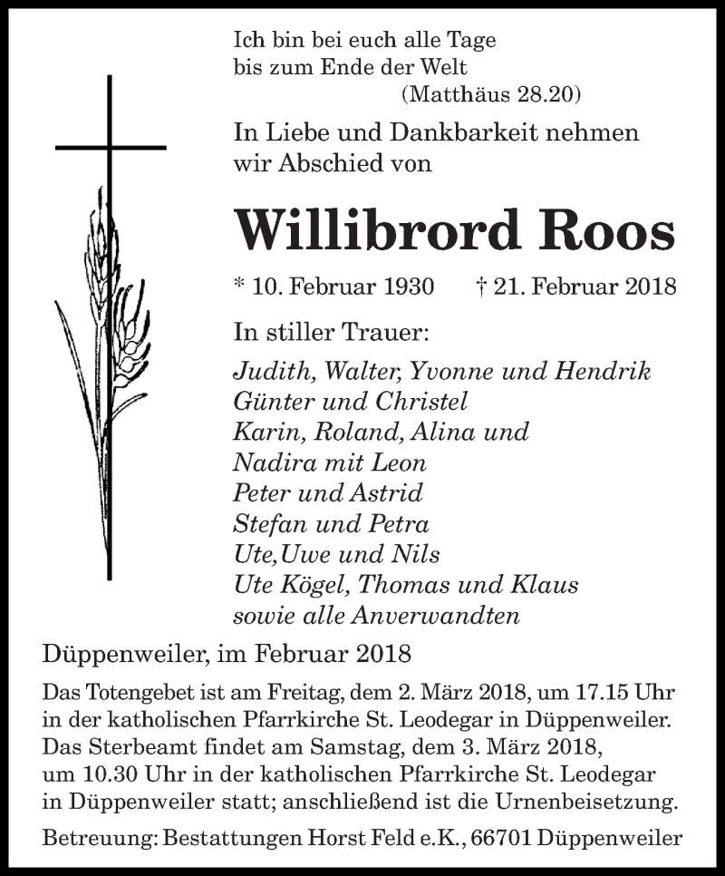  Traueranzeige für Willibrord Roos vom 28.02.2018 aus saarbruecker_zeitung