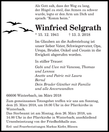 Traueranzeige von Winfried Selgrath von saarbruecker_zeitung