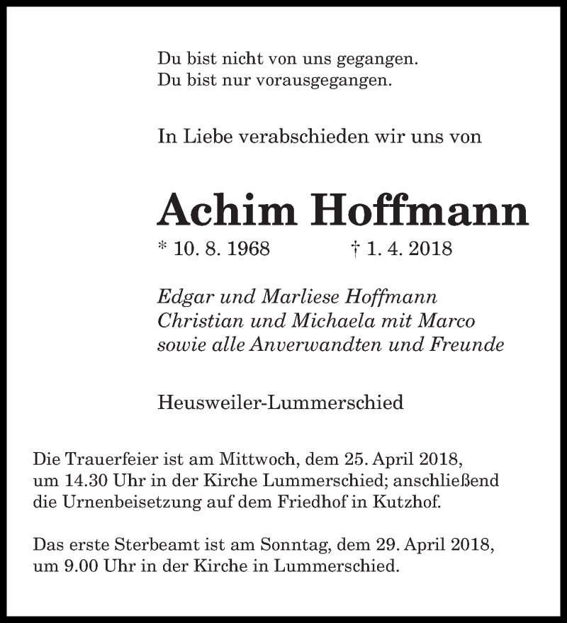  Traueranzeige für Achim Hoffmann vom 21.04.2018 aus saarbruecker_zeitung