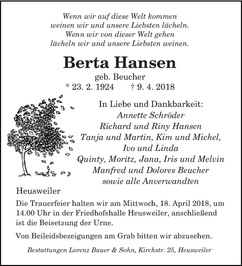  Traueranzeige für Berta Hansen vom 14.04.2018 aus saarbruecker_zeitung