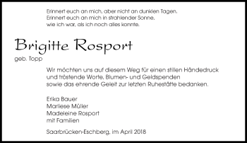 Traueranzeige von Brigitte Rosport von saarbruecker_zeitung