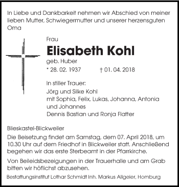 Traueranzeige von Elisabeth Kohl von saarbruecker_zeitung