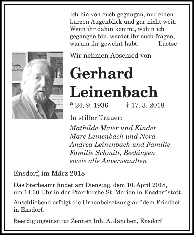  Traueranzeige für Gerhard Leinenbach vom 06.04.2018 aus saarbruecker_zeitung