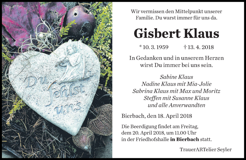  Traueranzeige für Gisbert Klaus vom 18.04.2018 aus saarbruecker_zeitung