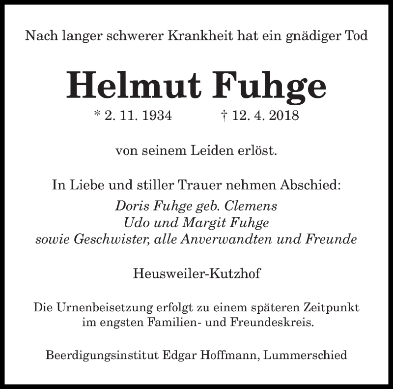  Traueranzeige für Helmut Fuhge vom 21.04.2018 aus saarbruecker_zeitung
