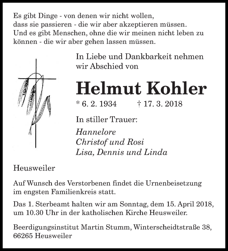  Traueranzeige für Helmut Kohler vom 07.04.2018 aus saarbruecker_zeitung
