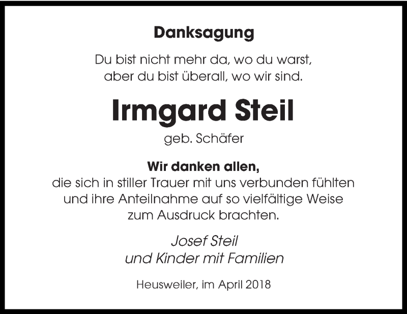  Traueranzeige für Irmgard Steil vom 14.04.2018 aus saarbruecker_zeitung