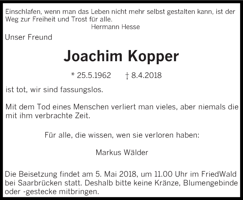  Traueranzeige für Joachim Kopper vom 21.04.2018 aus saarbruecker_zeitung